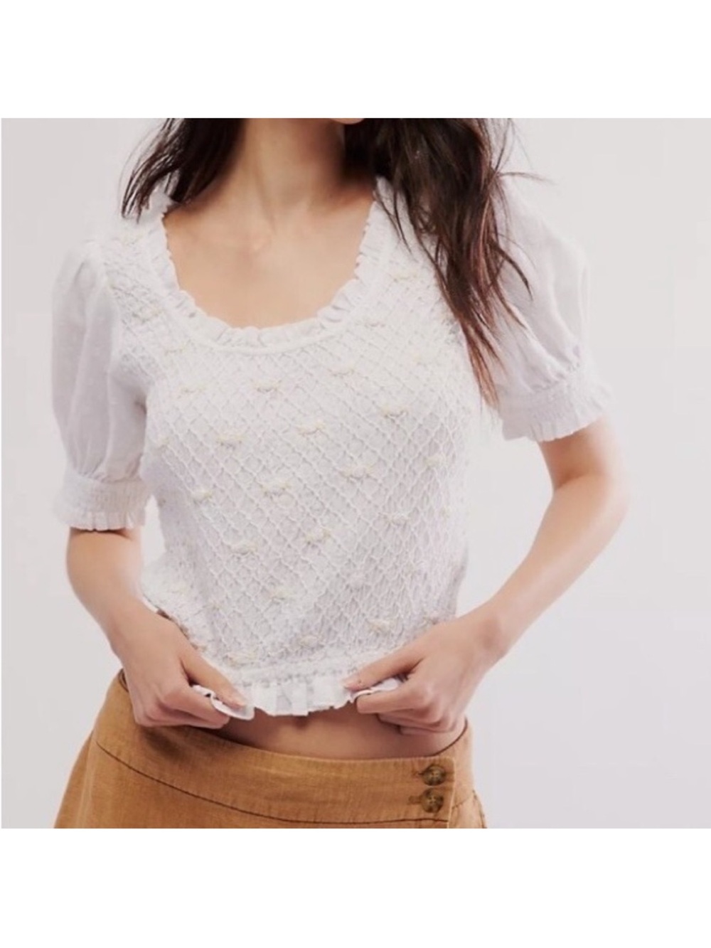 Free People Cecelia Puff Sleeve Smocked Top Size Medium White Yellow Boho